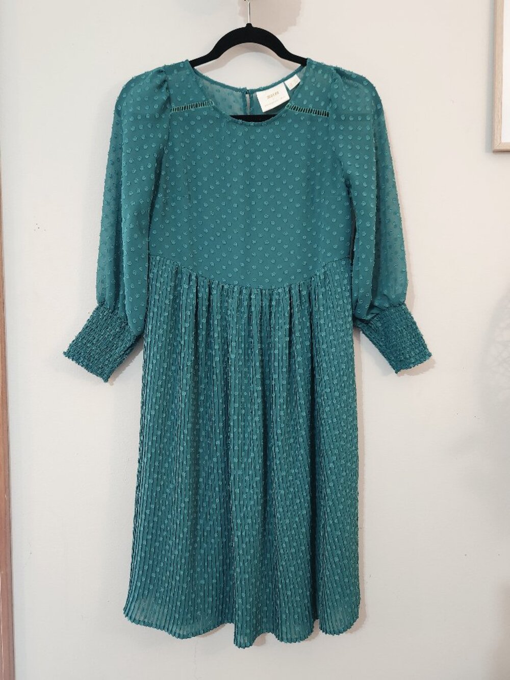 Anthropologie Maeve Swiss Dot Long Sleeve Pleated Green Midi Dress Size 00P